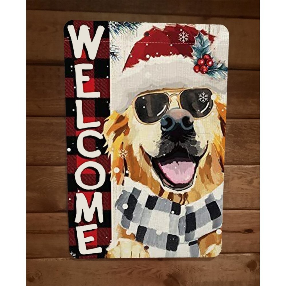 Christmas Golden Retriever Welcome Dog Xmas 8x12 Metal Wall Sign Animal Poster